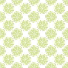 Citrus fruit vector seamless pattern background. Light green white backdrop with round slices of lime or lemon. Hand drawn geometric illustration with offset colour. Duotone repeat for drink concept