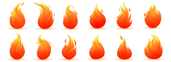 Fiery forms. Set of fire flames of red-hot bonfires of different shapes isolated on a white background. Vector illustration