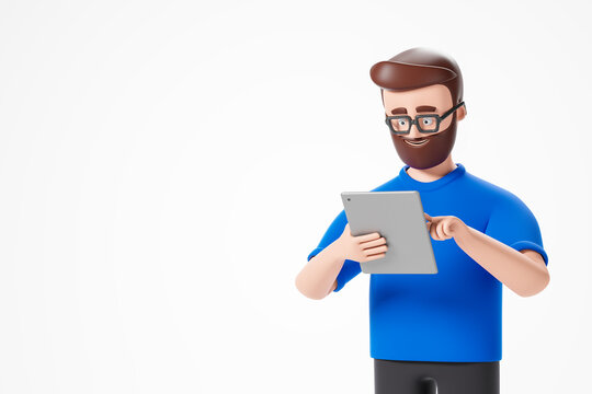 Cartoon handsome character beard man in blue tshirt  looking at digital tablet over white background.