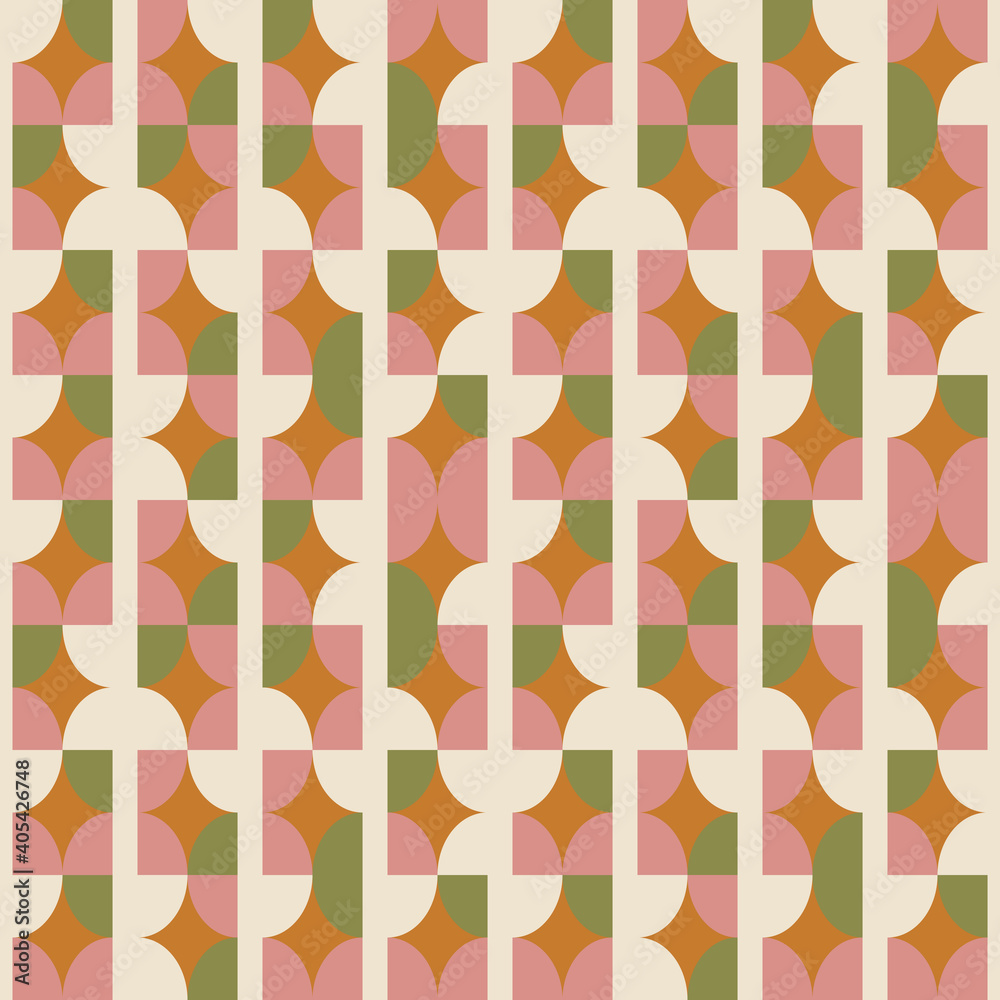 Poster Geometric seamless pattern. Vector background with simple shapes like semi cirles and squares in neutral muted pastel colors.