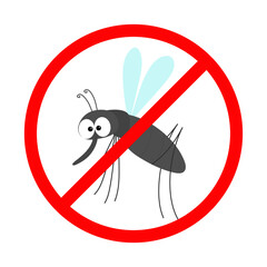 Prohibition prohibit Red stop sign icon. Cross line. Mosquito. Kawaii cute cartoon funny baby character. Insect collection. White background. Isolated. Flat design.