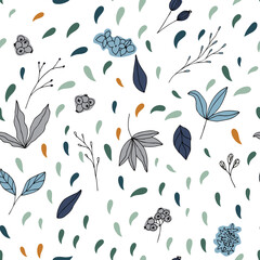 Floral vector seamless pattern with  flowers, leaves and berries. Beautiful hand drawn flowers in  light pastel colors in vintage style.