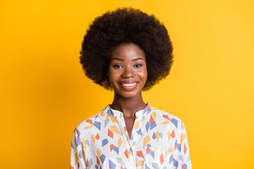 Close up portrait of cool hairstyle lady wear patterned shirt isolated on bright yellow color background