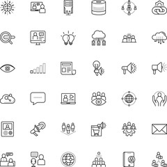 communication vector icon set such as: e learning and education, loud, intellect, innovative, play, resources, content, go, mail, artificial, contact, paperclip, legal, map, device, recruitment