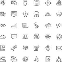 communication vector icon set such as: e learning and education, loud, intellect, innovative, play, resources, content, go, mail, artificial, contact, paperclip, legal, map, device, recruitment