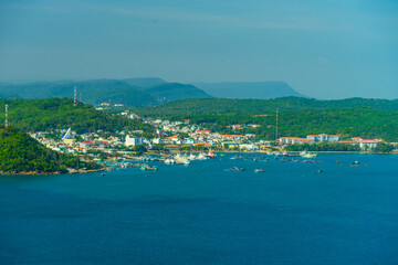 Aerial view of traditional fishermen boats lined in An Thoi harbor of Duong Dong town in the popular Phu Quoc island, Vietnam, Asia.