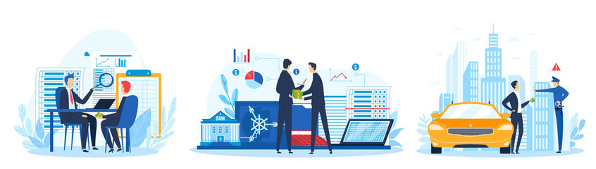 Bribe, baksheesh, corruption concept, set of vector illustration. Businessman holding stack of money in hand offering bribe, poloceman and financial bribery. Corrupted business or financial crime.