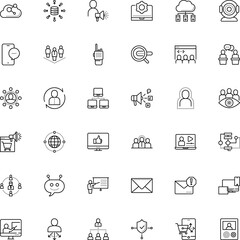 communication vector icon set such as: class, machine, pad, aggregation, robot, distance, survey, delegate, doorbell, lock, secure, council, thin, click, cam, character, stay at home, channel