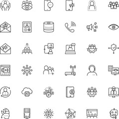 communication vector icon set such as: inspiration, advertising, psychology, collaboration, money, study, helpline, player, broadcast, teleworking, secretary, mental, answer, operator, care