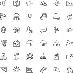 communication vector icon set such as: net, spokesman, cooperation, contact, ad, hub, player, uploading, share, health, mark, understand, psychologist, administrator, prohibited, open, ai, definition