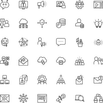 communication vector icon set such as: net, spokesman, cooperation, contact, ad, hub, player, uploading, share, health, mark, understand, psychologist, administrator, prohibited, open, ai, definition