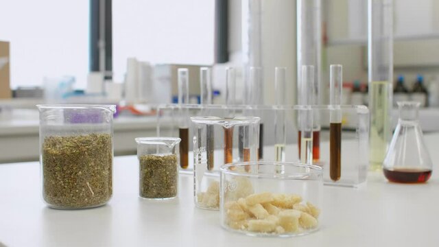 CBD oil, hemp seeds and terpenes in glass on laboratory desk