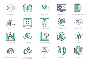 3d vr design line icons. Vector illustration included icon - virtual augmented reality, glasses, ar simulator, printer, prototype outline pictogram for ar. 64x64 Green Color Editable Stroke © Phoenix Icons