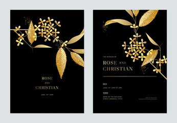 Floral wedding invitation card template design, golden Osmanthus fragrans flowers with leaves on black - 405429781