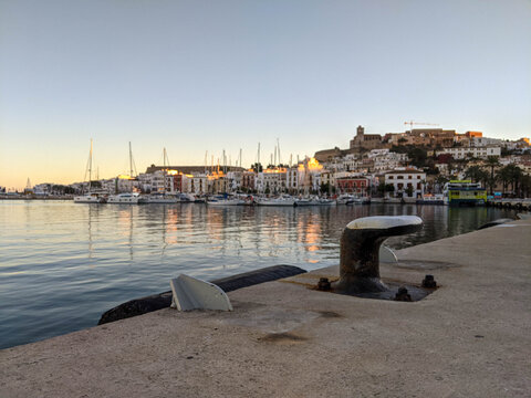 Ibiza Town, Ibiza / Spain - January 12, 2021: City of Ibiza, Spain. Old area of Dalt Vila, Santa Mar&iacute;a Cathedral and marina. It is a very touristic area..