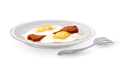 Tasty dish, fried eggs with yolk and slice of bacon served on plate with fork. Vector delicious portion, dietary meal, cooking and breakfast design isolated on white background