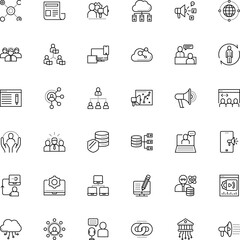communication vector icon set such as: safety, answer, authority, stroke, datacenter, wide, bubble, course, identity, research, story, strength, giving, public, broadcasting, recruitment, attention
