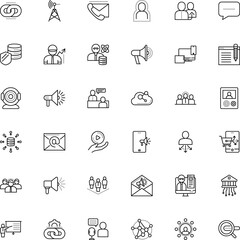 communication vector icon set such as: female, presenting, play, smart, bank, arrow, grey, strength, safety, workplace, stream, advertising, friendship, teleworking, trainer, health, employees