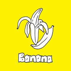 white banana vector illustration on yellow background. black outline banana, hand drawn vector. hand drawn lettering, banana. doodle fruit and vegetable for kids, education, poster, cover. 