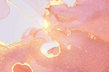 Fototapeta premium Rose and gold pattern with texture of stone and sparkles. Abstract vector background in alcohol ink technique. Modern paint with glitter. Template for banner, poster design. Fluid art painting