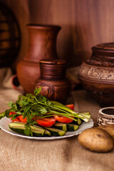 Ceramic clay brown terracotta pot. A clay pitcher with a pattern in stock. Various clay ceramic pot