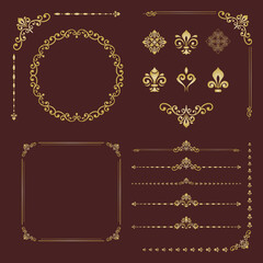 Vintage set of vector horizontal, square and round elements. Golden elements for backgrounds, frames and monograms. Classic patterns. Set of vintage patterns