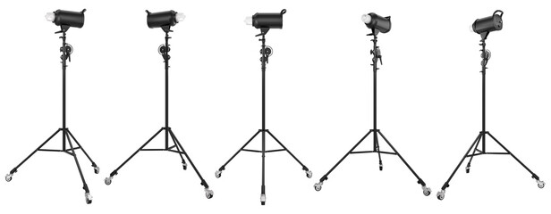 Photography studio flash on a tripod or stand isolated on white background.