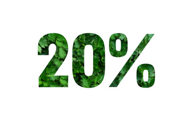 Spring sales or summer.20 percent discount on promotion on white poster,banner.advertising with Numbers on paper,cut out of green sprouts of grass. for your holiday posters,offers percentage discounts