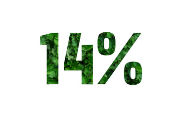 Spring sales or summer.14 percent discount on promotion on white poster,banner.advertising with Numbers on paper,cut out of green sprouts of grass. for your holiday posters,offers percentage discounts