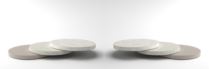 3D rendering of Round marble Pedestal is overlapping, Podium for display product on the white floor. Pedestal can be used for advertising, Isolated on white background, Minimalist white, illustration.