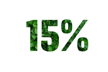 Spring sales or summer.15 percent discount on promotion on white poster,banner.advertising with Numbers on paper,cut out of green sprouts of grass. for your holiday posters,offers percentage discounts
