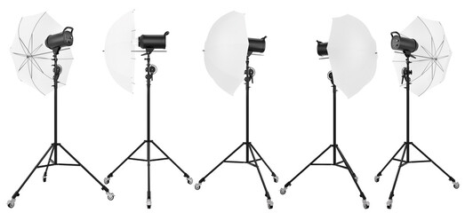 Photography studio lighting stand with flash and umbrella isolated on white