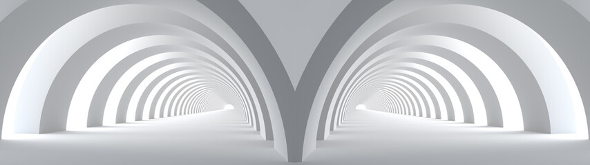3D rendering of Empty space concrete room and the pathway area indefinitely with the gap and glowing light. Museum space design, the rhythm of the arch frame and the gap, Geometric structure.
