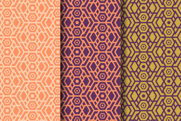 Set of seamless striped vector pattern of hexagons. Outline style use combination two colors. the selected colors are grey orange, pink purple and gold purple. 