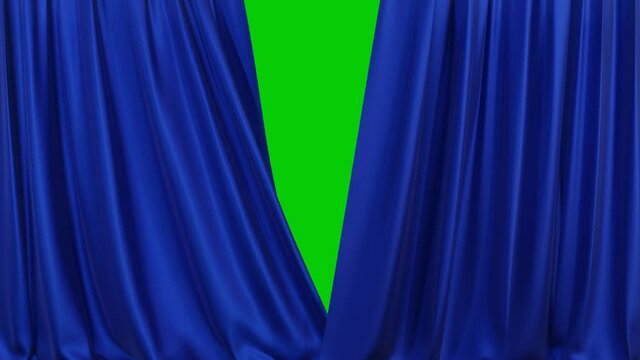 A realistic blue fabric curtain with pleats opens on a green screen. Theater curtain. 4K 3D animation