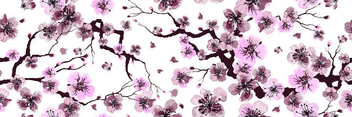 Floral watercolor texture pattern with sakura flowers and birds
