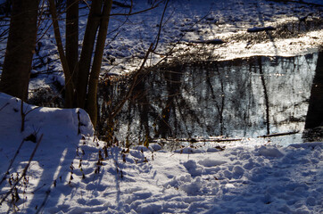 Winter wonderland landscape scenery at River Isar in dowtown Munich, great for walks in outdoor...