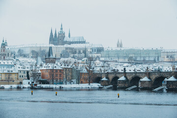 Prague, Czech Republic - January 14, 2021: Snowing in Prague, view from Charles Bridge