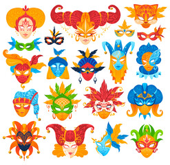 Masquerade venice masks set of isolated vector illustration. Carnival masque icons, colorful ornate, decoration, accessory and anonymous masks. Venetian fashion costumes festival.