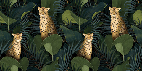 Exotic tropical pattern with leopards in palm leaves with protea flowers. Hand drawing botanical background for wallpaper making, fabric printing, wrapping paper, fabric, notebook covers, goods. © Polina