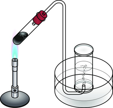Lab setup - oxygen production by heating potassium chlorate and manganese dioxide.