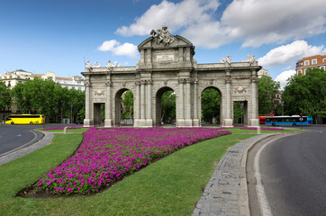 View of the famous Puerta de Alcala. Historical monument in the city of Madrid, Spain. 