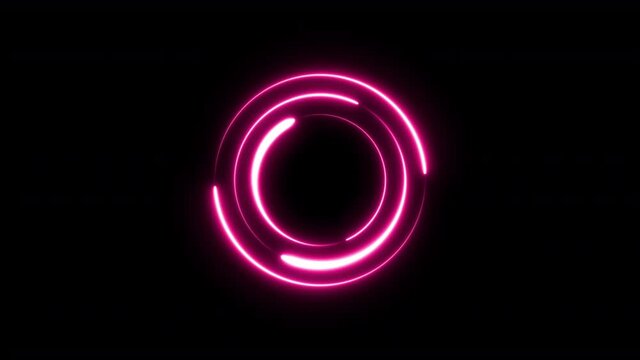 Colorful of pink concentric circle line neon blaze glow round animation loop on a black background. 