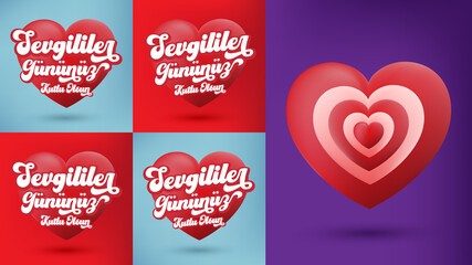 14 February Valentine's Day Celebration (Turkish: 14 Subat Sevgililer Gununuz Kutlu Olsun) Billboard, e Card, Social Media Design. Typography set. Usable for banners. 5 in 1