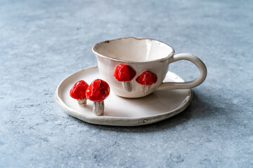 Handmade Ceramic Coffee or Tea Cups with Pumpkin and Mushroom Pattern Figure Design Handcrafted. Handicraft.