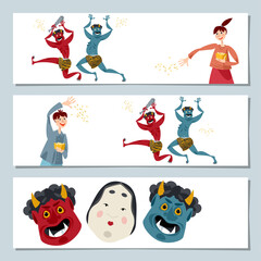 Set of 3 universal horizontal banners. Japanese Spring Festival “Setsubun” (seasonal division). Children throw soybeans to drive away blue and red demons. Masks of Demons and Okame.