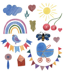 A set of icons for the newborn is drawn with colored pencils. Cute cartoon items for little girl or boy. Elements for the Day of the baby shower, for the design of postcards. Children's things bed, st