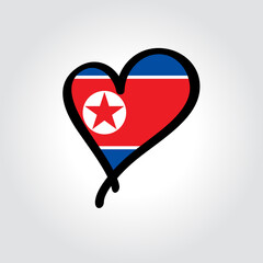 North Korean flag heart-shaped hand drawn logo. Vector illustration.