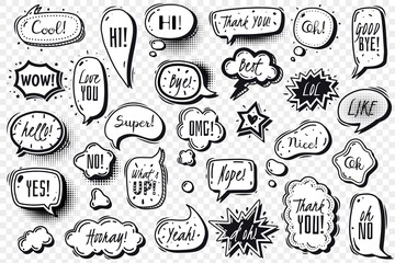 Comics speech bubbles transparent set. Comic speech bubbles set. Vector doodles illustration on a trfansparent background. Doodle style black pow and snap fighting clouds.