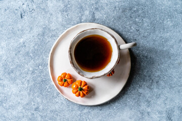 Handmade Ceramic Coffee or Tea Cups with Pumpkin and Mushroom Pattern Figure Design Handcrafted. Handicraft.